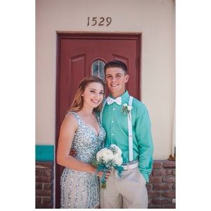Tiffany blue and silver sequin prom dress
